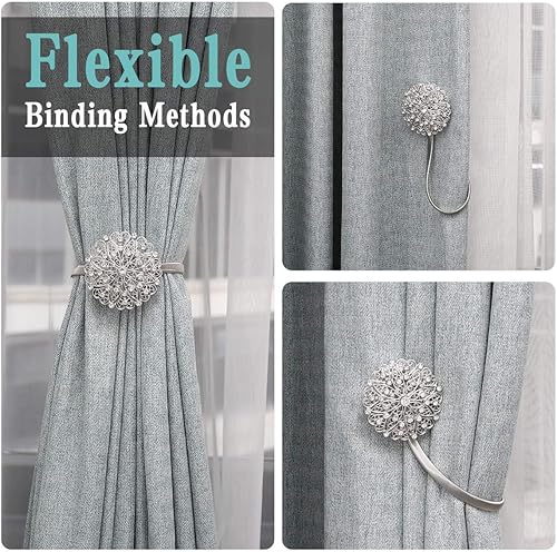MoKo Embrasses à Rideaux avec Boucle Magnétique [Lot de 2], Boucles à Rideaux Élastiques, Clips de Fleur de Cristal, avec Fil à Ressort, Pas de Forage, Décoration pour Bureau Domicile - Argent - Nail Gallerys