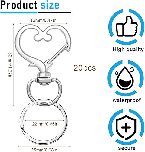 ZAMXHUG Mousqueton Porte Clef Métal - 20 pcs Anneaux Porte clé,Attache Porte Clé, Fermoir Mousqueton, Pivotant Keychain, Crochet Porte Clef pour Bijoux Gadget DIY Décoratio（Forme de Coeur） - Nail Gallerys