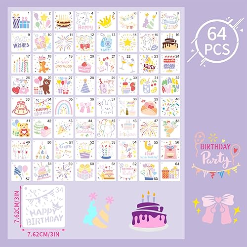 Lot de 64 pochoirs réutilisables avec motifs d'anniversaire, animaux et arc-en-ciel (7,6 x 7,6 cm), pour projets artistiques, peinture et décoration, diversité créative - Nail Gallerys