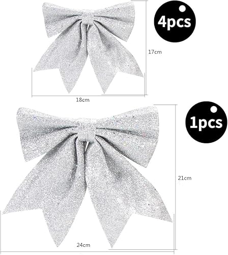 Aurasky Noeud de Ruban Blanc pour Noël - 5 Pièces Grande Décoration Scintillante pour Sapin et Cadeaux - 24 & 18cm - Nail Gallerys