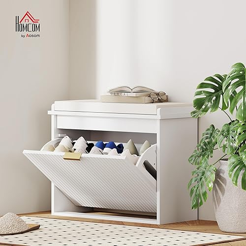 HOMCOM Banc à Chaussures Meuble à Chaussures avec Coussin d'assise rembourré et tiroir Rabattable, Banc d'entrée pour Couloir, Chambre, Charge 120 KG, 62 x 26 x 47,5 cm, Blanc - Nail Gallerys