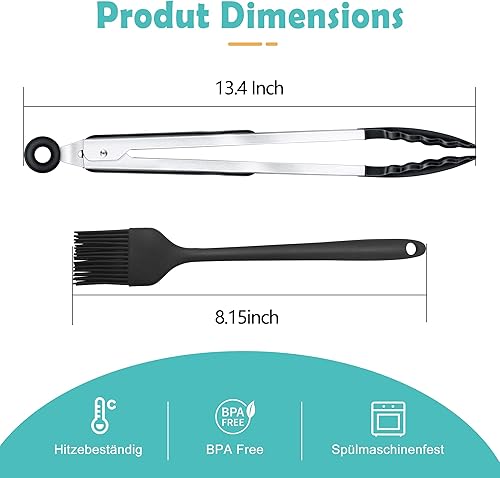 35cm Pince Cuisine Professionnel, Pince Barbecue en Acier Inoxydable et Silicone Alimentaire, Brosse incluse, Pince de Cuisine Résistant à la Chaleur - Nail Gallerys