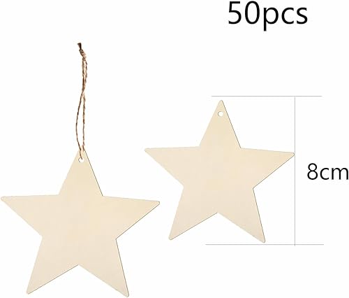 YIEUR Lot de 50 pendentifs de Noël en bois - Étoile - 8 cm - Disques en bois - Avec cordon de serrage - Décoration de sapin de Noël - Breloques pour décoration de sapin de Noël - Décoration de fenêtre - Nail Gallerys