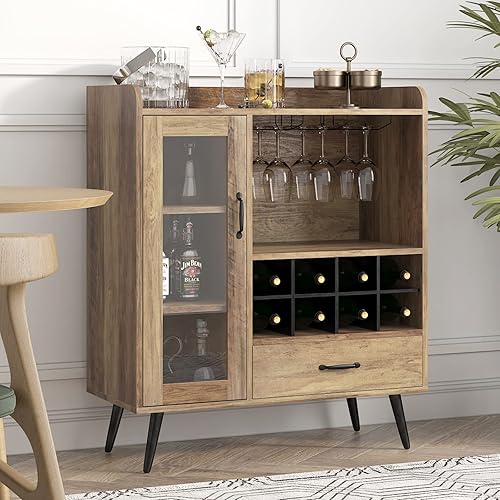 sogesfurniture Cave à vin avec casier à vin et porte-verre intégrés, buffet en bois, buffet avec tiroir et porte en verre, rangement de vin pour cuisine, salle à manger, bar, 75 x 40 x 92 cm - Nail Gallerys