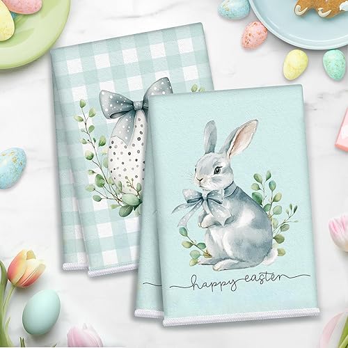 VeIef Torchon, Torchons de Cuisine avec Lapins et Oeufs de Pâques, Torchon Cuisine décoration de Pâques, Torchons de Cuisine décoration de Printemps, Set de 2 torchons 43x66 cm, Bleu - Nail Gallerys