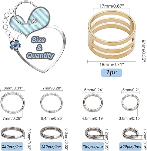 PH PandaHall 1120PCS 4 tailles 304 Boucles d'acier Inoxydable Double Boucles d'Anneaux de Saut de Bagues 5/6/7/8mm, Couleur d'acier Inoxydable - Nail Gallerys