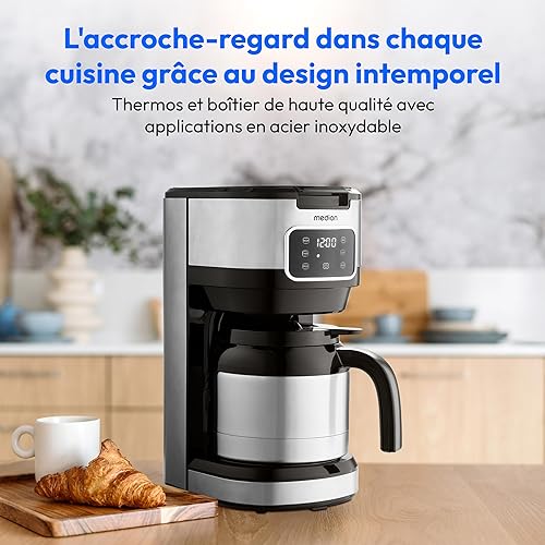 MEDION Machine à café avec thermos et minuterie (machine à café filtre, 10 tasses, 1,25 litre, 900 watts, minuterie, anti-goutte, écran, MD11019) acier inoxydable - Nail Gallerys