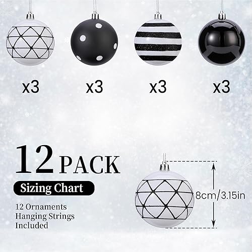 SHareconn Lot de 12 Boules de Noël colorées en Plastique incassable pour décoration de Sapin de Noël, fête, Mariage (Noir & Blanc, 80 mm) - Nail Gallerys