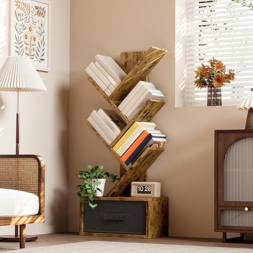 Xbro Bibliothèque 7 Niveaux,Bibliothèque en Forme d'arbre avec Tiroir Inferieur en Tissu,Bibliothèque Indépendante en Bois pour Salon, Chambre, Bureau à Domicile,38 x 19.5 x 113 cm,Marron Rustique - Nail Gallerys