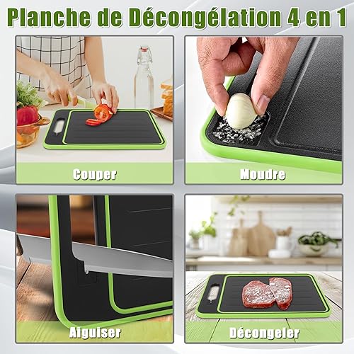 MEKOTRIN Planche à Découper 4 en 1, Plateau de Décongélation Double Face, Plateau Magique Alliage d'Aluminium Alimentaire, Gadget Cuisine avec Aiguiseur Intégré et Râpe à Epices (Noir) - Nail Gallerys