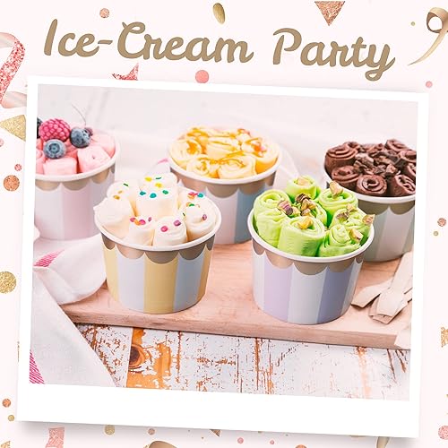 Coupes à Glace en Papier - 50 Unités de 9 Oz - Bols Jetables pour Desserts Chauds ou Froids, 5 Couleurs Rayées Pastel avec Dorure Découpée - Nail Gallerys