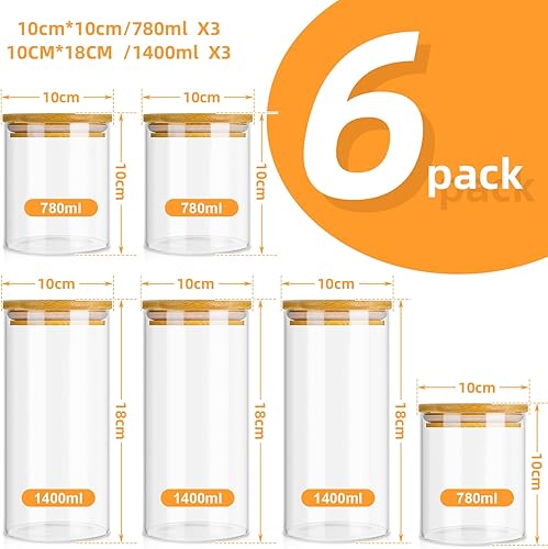 Otauoaea Bocaux en Verre, Bocaux Rangement Cuisine Hermétique, Pot en Verre avec Couvercle, Verre avec Couvercle en Bambou pour Farine, Pâtes, Spaghettis Set en 6 (3×1400ml, 3×780ml) - Nail Gallerys