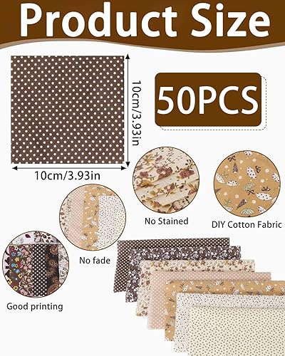 TPZORJX 50pcs Tissus Coton Couture, Lot De 10 * 10cm Mixtes Textile Tissu CarréS, NoëL Patchwork Coton Tissus, Pour Matelassage, Bricolage, Artisanat, Scrapbooking, scène miniature(Brun) - Nail Gallerys