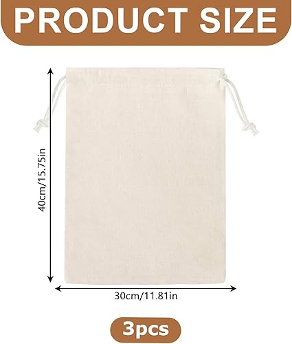3 Sacs à Pain en Coton 40×30 cm - Stockage Réutilisable pour Pains, Baguettes, Fruits, Légumes - Nail Gallerys
