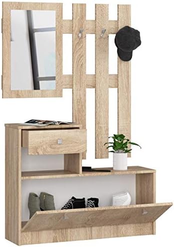 Adgo - Ensemble de meubles en bois pour couloir - 90 x 70/100 x 25 cm - Armoire à chaussures, cintres, tiroir, miroir, dressing - 4 couleurs (chêne Sonoma) - Nail Gallerys
