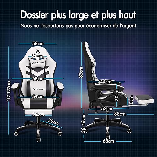 ALFORDSON Chaise de Gaming avec Éclairage LED, Chaise de Jeu de Course avec Massage, Chaise Ergonomique avec Support Lombaire, Chaise Longue avec Repose-Pieds, Dossier à Levier 90-150°, Blanc - Nail Gallerys