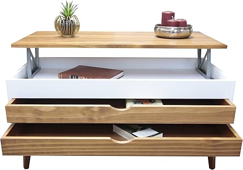 LoMasCasa - Table basse relevable modèle Luzia 5 avec deux tiroirs coulissants de couleur blanche et bois couleur noyer. Dimensions 100 x 50 x 47 cm - Nail Gallerys