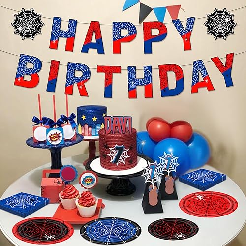 LaVenty banniere anniversaire rouge noir super heros vaisselle fete araignee ensemble decoration enfants party set - Nail Gallerys