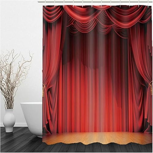 Rideau de Douche Anti Moisissure 120x180 Arrière-Plan de Scène 3D Imprimé Rideau Douche Polyester Tissu Imperméable Rideaux Baignoire Théâtre Rouge Salle de Bain A-1107 - Nail Gallerys