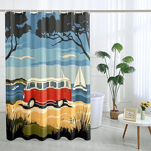 Rideau de douche rétro en tissu imperméable avec crochets pour camping et salle de bain avec crochets Rouge 183 x 198 cm - Nail Gallerys