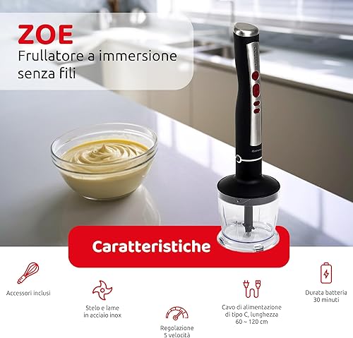 Melchioni Family | Mixeur Plongeant Sans Fil Rechargeable, Ensemble avec Batteur, Hachoir, Mixeur et Verre Gradué de 600 ml, Modèle ZOE, Couleur Noire - Nail Gallerys