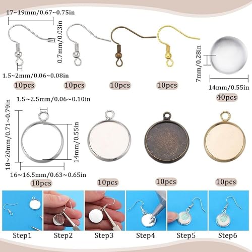 SUNNYCLUE 1 boîte 120 pièces Kit de Fabrication de Boucles D'Oreilles Cabochon 14 mm Plateaux de Réglages de Cabochon Paramètres de Boucles D'Oreilles Cabochon en Verre Cadres de Boucles D'Oreilles en - Nail Gallerys