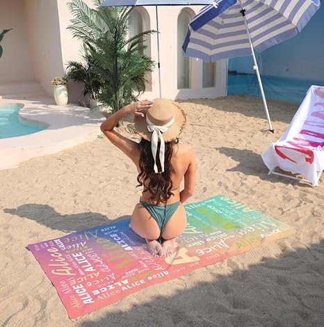 Serviette de Plage Personnalisée avec Nom-Séchage Rapide Serviette de Bain en Coton pour Adultes-75x150cm Grande Anti-Sable Serviette de Plage Rayée pour Natation(35 Colors - Nail Gallerys