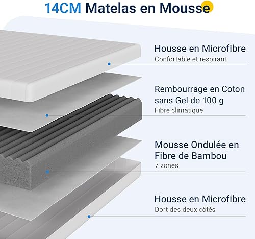 Avenco Matelas 140x190, Hauteur 14 cm, Matelas en Mousse en Fibre de Bambou, 7 Zones de Confort, Deux Faces Utilisable, Degré de Dureté H3 et H4, Matelas avec Housse Amovible, Certifié Oeko-Tex - Nail Gallerys
