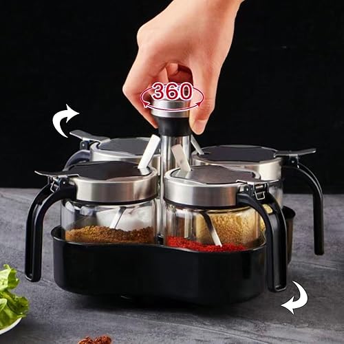 TINMIX Lot de 4 pots à épices rotatifs avec couvercle et cuillère - Avec compartiment rotatif à 360° - Pour la cuisine - Nail Gallerys