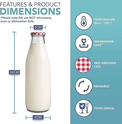 HEFTMAN Lot de 3 bouteilles de lait en verre avec couvercles – Bouteilles de lait vides de 1 litre avec couvercles vichy rouge pour boissons, boissons et décoration – Bouteilles de jus en verre rétro - Nail Gallerys