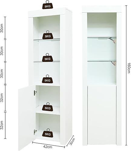 Sossiyule Vitrine LED avec Etagères en Verre et 2 Compartiments Lumières Armoire à Meuble de Rangement pour Salon Bureau, 42 x 30 x 160 cm (1, Blanc) - Nail Gallerys