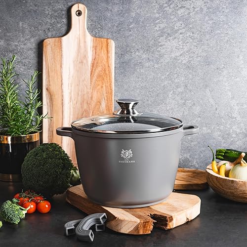 KARL HAUSMANN Casserole anti-adhésive avec couvercle – 6 l – Ø 24 cm – Marmite en fonte d'aluminium avec revêtement pour tous les types de plaques de cuisson, y compris l'induction – Gris – Marmite - Nail Gallerys