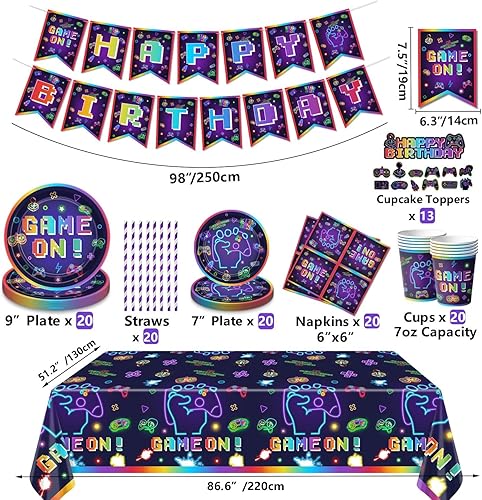 Décorations d'anniversaire de jeu vidéo – Décorations d'anniversaire pour garçons avec assiettes, tasses, serviettes, nappes, bannières – Serve 20 - Nail Gallerys