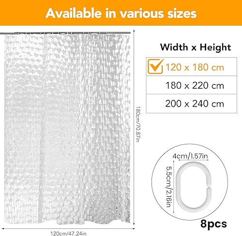 FOGAWA Rideau de Douche Anti-Moisissure Eva, Lavable 3D Salle de Bain Rideau, Semi Transparent Rideau de Bain Motif Cube d'eau 120 * 180cm avec 8 Crochets en Plastique - Nail Gallerys