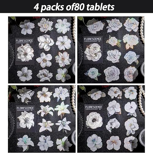 JRYGAC 80 Pièces Stickers Fleurs, Stickers Scrapbooking Processus de Marquage Chaud, Autocollant Fleur de 4 Sortes de Fleurs, Gommettes Fleurs, pour Décorer des Albums, des Magazines - Nail Gallerys