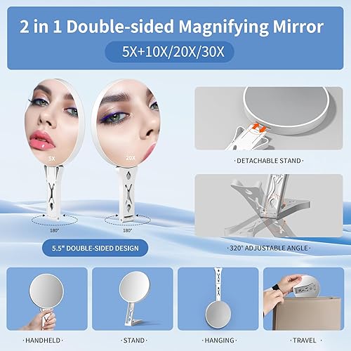 Junyaoxuan Miroir grossissant double face avec grossissement 5x/30x, miroir grossissant pour maquillage avec poignée, miroir de voyage de 13,97 cm et grossissement - Nail Gallerys