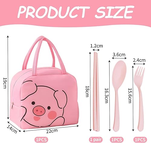 Sac À Déjeuner 1 Pièce En Forme De Cochon De Dessin Animé Et 3 Pièces De Vaisselle, Sac À Déjeuner Mignon, Boîte À Déjeuner Portable, Sac De Boîte À Déjeuner Étanche Et Isolé - Nail Gallerys