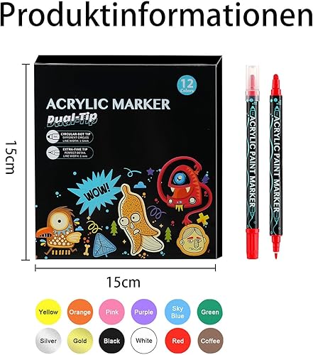 Nurila Lot de 12 feutres en porcelaine - Résistants au lave-vaisselle - Double pointe - Imperméables - Pour pierres, porcelaine, verre, dessin, projets de bricolage - Non toxiques et sans odeur - Nail Gallerys