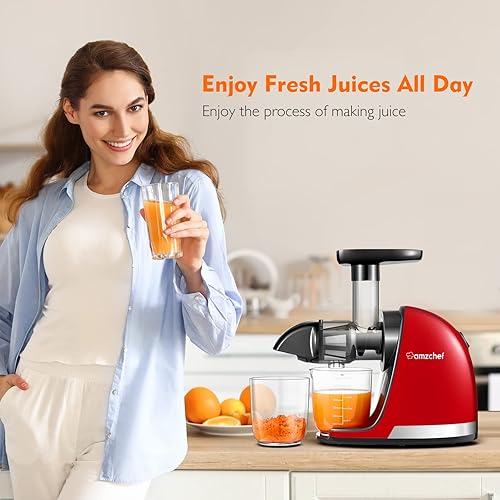 AMZCHEF Extracteur de Jus de Fruits et Légumes Slow Juicer Presse à Froid Machine avec moteur silencieux/tasse à jus/brosse de nettoyage/adapté à tous les Fruits et Légumes（Rouge） - Nail Gallerys