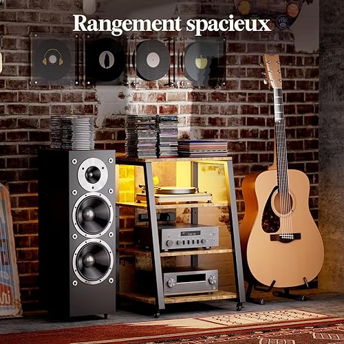 Lifewit Support multimédia audio à 4 niveaux avec multiprises et lumières LED, étagère AV en bois et acier pour platines disques, systèmes stéréo et installation compacte, marron - Nail Gallerys