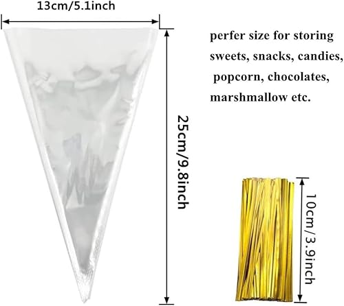 INGJIA Sachet Bonbon, 100 Pcs Sacs Cellophane Cône Bonbons Sacs à Cône Transparent Sacs-Cadeaux pour Anniversaire Fête Chocolate Candy Biscuits Savon Serre-câbles d'étanchéité, 13 * 25cm - Nail Gallerys