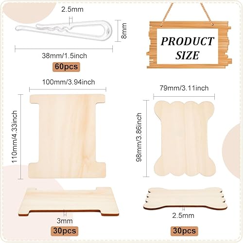 BENECREAT 120 pièces Bobine Plaque de Fil en Bois de Stockage de Ruban, 60 pièces Bobines de Ruban en Bois Plat avec 60 pièces Pinces Pliantes en Plastique Fil Fil Soie Bobine pour Point de Croix - Nail Gallerys