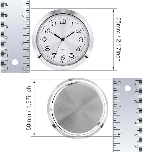 2-1/8 Pouce (55 mm) Insertion d'Horloge à Quartz, Lunette Argentée, Boîtier Métallique en Alliage de Zinc, Chiffres Arabes, Visage Blanc - Nail Gallerys