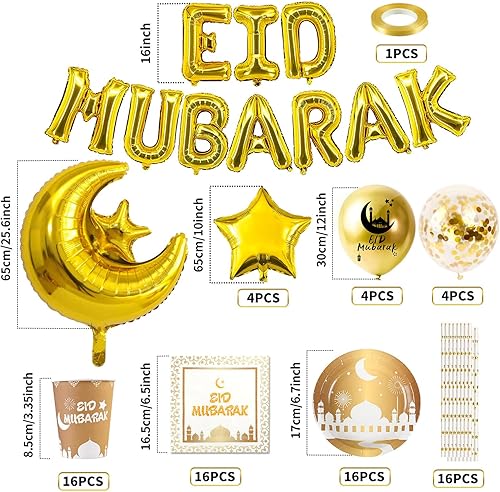 iZoeL Vaisselle Eid Mubarak Jetable Decoration Aid Moubarak 2023 Or Banderole Ballons Serviettes Assiettes Tasses Paille - Jardin Maison Restaurant - Nail Gallerys