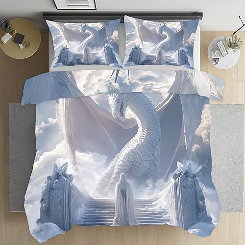Meugesoi Dragon White Housse de Couette Adulte 200x200 cm avec 2 Taies d'oreiller 65x65 cm, Dragon Occidental Parure de lit Microfibre Animal Myth Fantastique Housse Couette avec Fermetures Éclair - Nail Gallerys