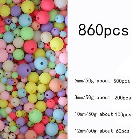 YIEUR Lot de 860 perles multicolores à enfiler - 6/8/10/12 mm - En silicone - Mat - Avec trou - Perles décoratives rondes pour bracelets, chaînes de hall, décoration, artisanat, fabrication de bijoux - Nail Gallerys