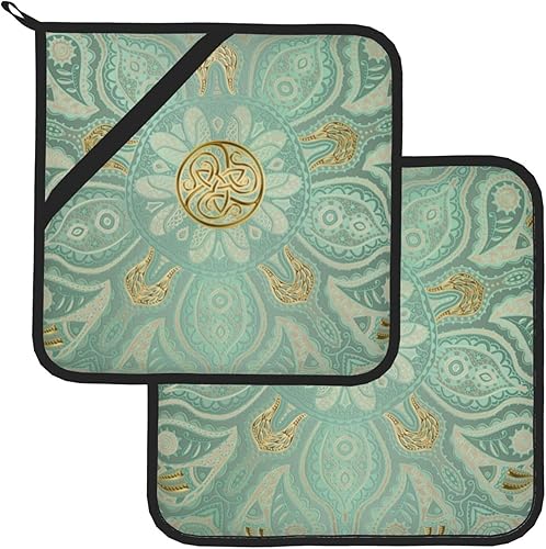 Mandala Celtique Doux Vert Sauge Et Or, Ensemble de 2 maniques, manique résistante à la Chaleur, Cuisine antidérapante, Coussin Chauffant de Cuisson, 20.5x20.5 cm - Nail Gallerys