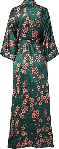 BABEYOND Kimono Long en Satin Robe de Chambre Longue pour Femme Peignoir Long Satin avec Motif Fleurs Taille Unique Vert foncé - Nail Gallerys