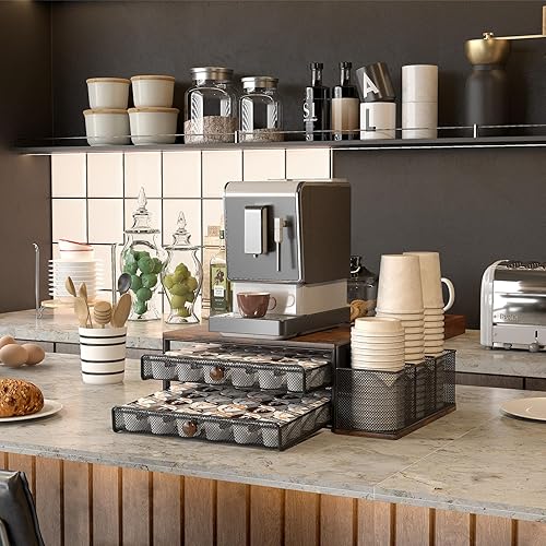 TQVAI Porte Capsule Dolce Gusto, Support de Tiroir à 2 Niveaux Pour Capsules de Café Nespresso, 60 Rangement Capsule, avec 3 Compartiments de Rangement Pour Gobelets Jetables, Noir - Nail Gallerys