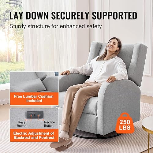 VEVOR Fauteuil Inclinable Électrique Angle Réglable Entre 110° et 165°, Chaise de Relaxation Pivotante Capacité de Charge 113,4 kg, Surface en Polyester, pour Salon, Chambre à Coucher, Gris Clair - Nail Gallerys